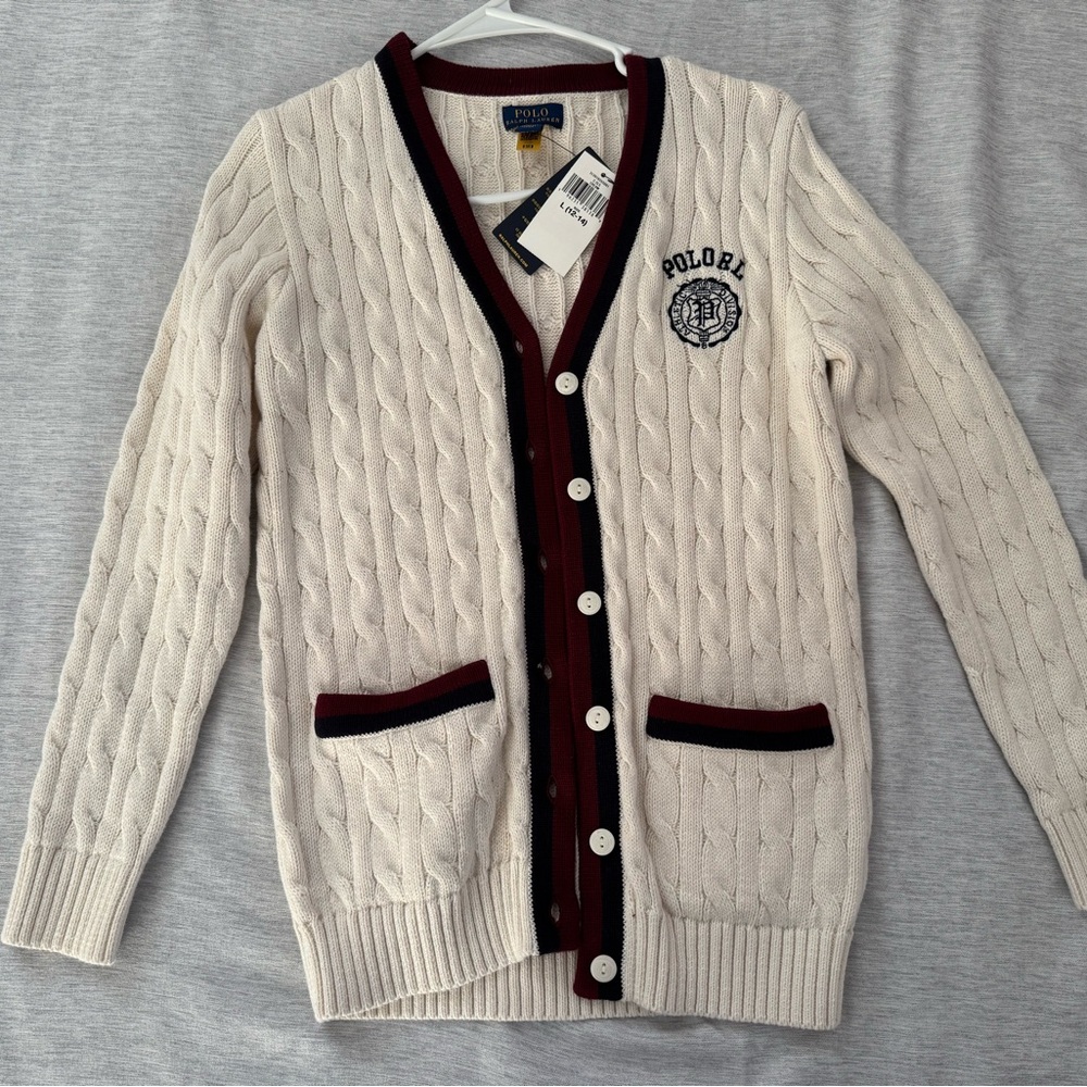 New! Ralph Lauren Cream Cable Knit Sweater with Red and Black Trim